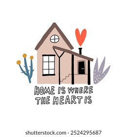 Charming illustration depicting a house with a heart symbol above. The art conveys warmth and the sentiment Home is where the heart is. Perfect for home decor and lifestyle concepts