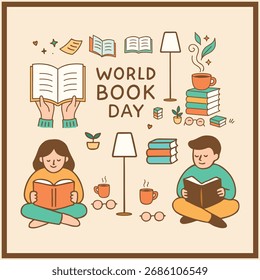 A charming illustration depicts children reading books, surrounded by stacks of books, lamps, and cups of tea, celebrating World Book Day.
