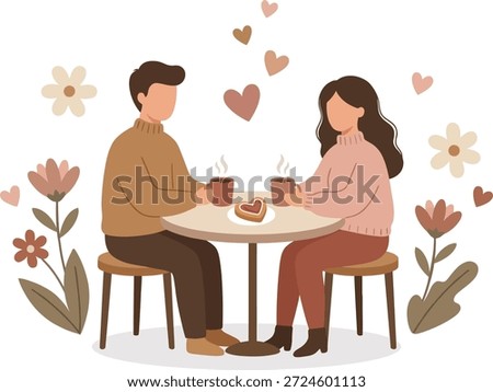 A charming illustration depicts a couple sharing coffee and a pastry on a delightful date.