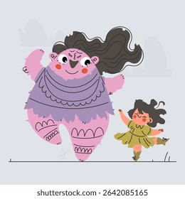 A charming illustration depicts a pink, whimsical creature dancing joyfully with a little girl. The scene is filled with lightheartedness and playful energy.