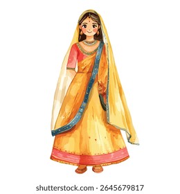 Uma ilustração encantadora retrata uma jovem mulher, de comprimento total, vestindo um tradicional sari amarelo e vermelho com detalhes intrincados.