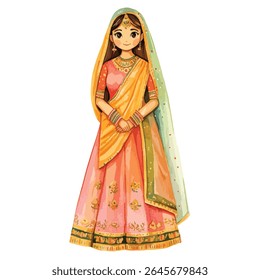 Uma ilustração encantadora retrata uma jovem mulher em um tradicional pêssego indiano e sari de ouro, adornado com detalhes intrincados.