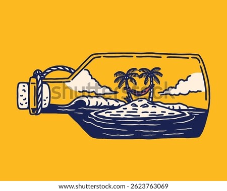 A charming illustration of a deserted island with two palm trees inside a bottle, surrounded by ocean waves and clouds.