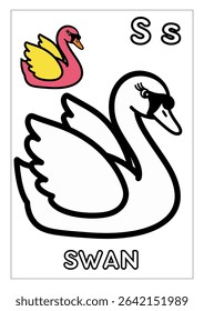 A charming illustration designed for early learners, featuring a graceful swan alongside its uppercase and lowercase letter "Ss".