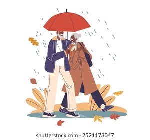 Charming Illustration Of Elderly Couple Sharing A Red Umbrella As They Walk Together In The Rain. Cartoon Vector Scene