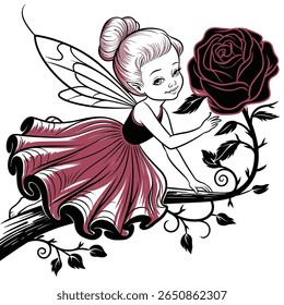 A charming illustration of a fairy with delicate wings, playfully interacting with a vibrant rose. Dressed in a flowing pink skirt, the fairy embodies whimsy and magic, making this artwork perfect.