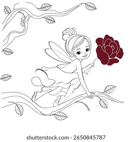 A charming illustration of a fairy holding a large red rose, perched on a branch surrounded by leaves. With delicate features and a playful pose, this enchanting design captures the magic of fantasy.