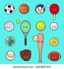 A charming illustration features a collection of sports equipment, all with cute, smiling faces, set against a vibrant turquoise backdrop.