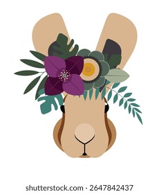 A charming illustration features a cute bunny adorned with a vibrant floral crown. The design blends nature elements with a whimsical touch, celebrating creativity and playfulness.