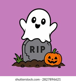 A charming illustration features a friendly white ghost peeking over a tombstone inscribed with RIP beside a carved jack o lantern