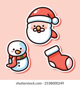 A charming illustration featuring adorable Christmas icons: a smiling Santa Claus, a cheerful snowman with a scarf, and a festive red stocking. Perfect for holiday-themed designs and decorations