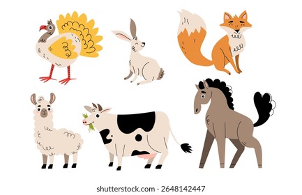 Charming Illustration Featuring Adorable Farm and Forest Animals in a Colorful Setting