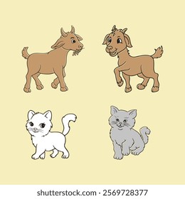 A charming illustration featuring adorable goats and cats in a simple cartoon style. Ideal for educational and creative designs.