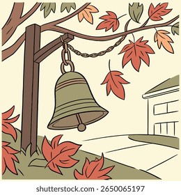 A charming illustration featuring a bell hanging from a wooden post, surrounded by autumn leaves, with a building in the background.