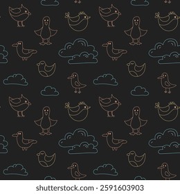 Charming illustration featuring birds and clouds on the dark background