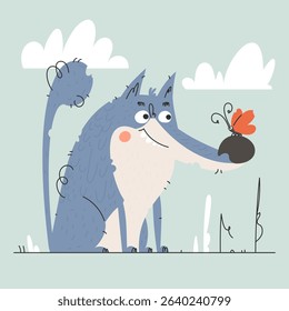 A charming illustration featuring a cartoon wolf with a butterfly perched on its nose. The artwork uses soft colors and simple shapes, creating a delightful scene.