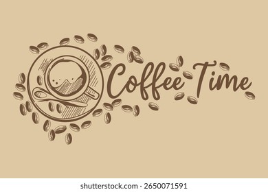 Charming illustration featuring coffee beans swirling around a cup and text reading 'Coffee Time.' A lovely hand-drawn design perfect for coffee-themed projects or promotional content
