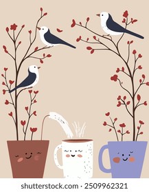 A charming illustration featuring cute birds perched on flowering branches, with smiling mugs and pots below. 