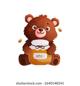 A charming illustration featuring a cute brown bear holding a jar of honey, surrounded by friendly bees. Great for childrens books and sweet projects.