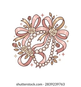 A charming illustration featuring delicate pink bows intertwined with strands of pearls and small rose accents.
