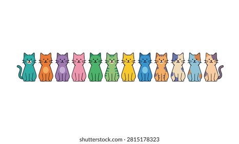 A charming illustration featuring a dozen stylized cats, each with a unique color and subtle pattern, arranged neatly in a horizontal row, exuding a playful and whimsical aura.