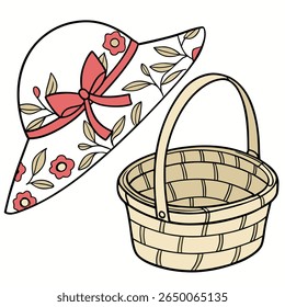 Uma ilustração encantadora com um chapéu floral com uma fita e uma cesta tecida tradicional, perfeito para temas de primavera ou Páscoa.