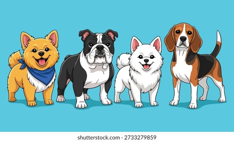 Una encantadora ilustración con cuatro razas de perros diferentes: un Shiba Inu, un Bulldog francés, un Pomeranian y un Beagle, todos de pie uno al lado del otro.