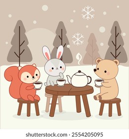 A charming illustration featuring a rabbit, squirrel, and bear enjoying tea together at a cozy wooden table in the middle of a snowy winter forest. The scene is filled with warmth and friendship