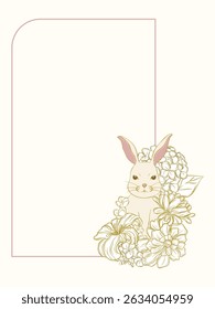 A charming illustration featuring rabbit surrounded by various flowers, perfect for spring themed designs or invitations. soft color palette