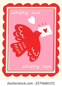 A charming illustration featuring a red dove carrying a love letter, surrounded by soft pink and red tones. The playful hand-drawn text “sending love” adds a warm and heartfelt touch, making this desi