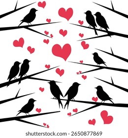 Uma ilustração encantadora com silhuetas de pássaros empoleirados em galhos, cercados por corações vermelhos brincalhões. Este design encantador captura temas de amor e afeto, tornando-o perfeito.