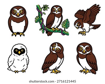 Uma ilustração encantadora com seis corujas distintas de desenhos animados, apresentando diferentes espécies e ações, perfeitas para o conteúdo infantil.