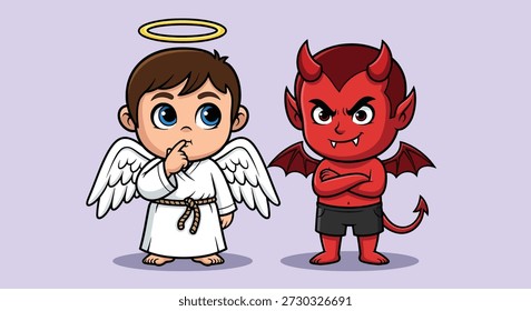Una ilustración encantadora con un Pequeño ángel con un halo y alas de pie junto a un pequeño diablo travieso con cuernos y una cola.