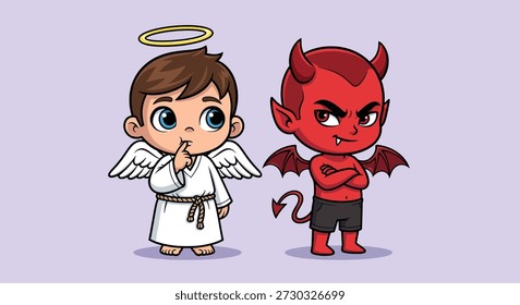 Una ilustración encantadora con un Pequeño ángel con un halo y alas junto a un pequeño diablo travieso con cuernos y una cola.