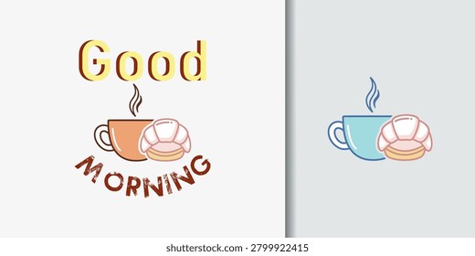 A charming illustration featuring a steaming cup of coffee or tea alongside a delicious croissant, accompanied by 