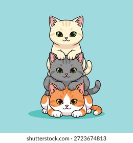 Eine charmante Illustration mit drei vertikal gestapelten Zeichentrickkatzen, die ihre verspielten und niedlichen Ausdrücke auf einfachem Hintergrund zeigen.