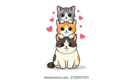 Uma ilustração encantadora com três gatinhos distintos empilhados verticalmente, cercados por pequenos corações cor-de-rosa, simbolizando afeto e fofura.