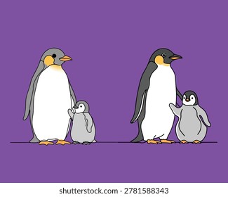 A charming illustration featuring two pairs of adult penguins and their young, showcasing family bonds and the distinct appearance of each bird.