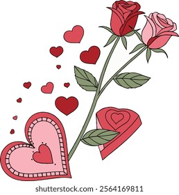 A charming illustration featuring two roses, heart-shaped elements, and a romantic aesthetic.
