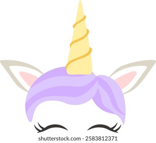 Charming illustration featuring a unicorn face with closed eyes, showcasing a vibrant purple mane, a bright yellow horn, and adorable gray and pink ears, all set against a clean white background