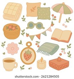 A charming illustration featuring various items associated with comfort and relaxation, such as blankets, pillows, a book, and a warm drink. 