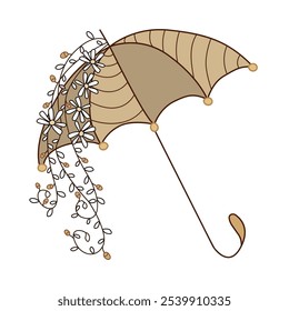 A charming illustration featuring a vintage umbrella adorned with daisies and trailing vines. This delightful image evokes a sense of spring and summer, with its soft colors and romantic details