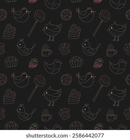 A charming illustration featuring whimsical birds and delightful desserts on a dark background