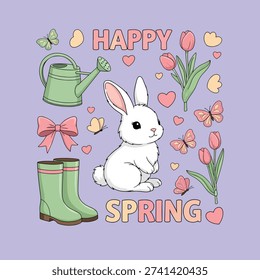 A charming illustration featuring a white bunny surrounded by spring elements like a watering can, green boots, pink bows, butterflies, and blooming tulips, all on a soft purple background with 'Happ.