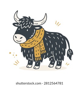 A charming illustration of a fluffy black yak standing in profile wearing a textured mustard yellow scarf against a plain background