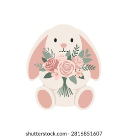 A charming illustration of a fluffy bunny holding a beautiful bouquet of pink roses and greenery.