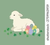 A charming illustration of a fluffy white lamb resting among vibrant Easter eggs and green clover leaves on a soft green background.