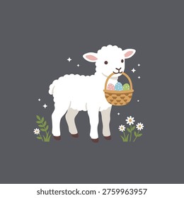 A charming illustration of a fluffy white lamb carrying a woven basket filled with colorful Easter eggs, surrounded by small flowers and stars.