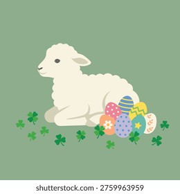 A charming illustration of a fluffy white lamb resting among vibrant Easter eggs and green clover leaves on a soft green background.