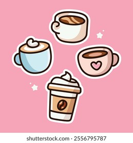 Charming illustration of four coffee cups, including latte art and to-go options, with a pink background. Perfect for cafe branding, stickers, and digital art projects